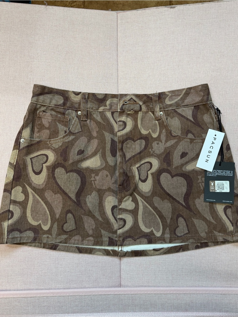 Playboy by PacSun Brown Heart Print Denim Mini Skirt